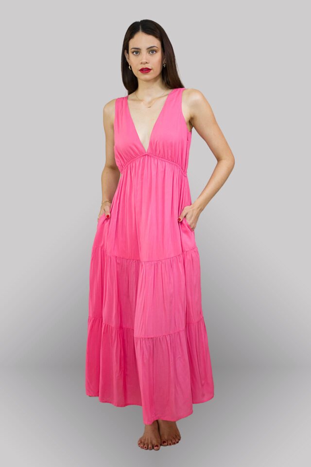 Vestido escote V rosa coral - Imagen 3