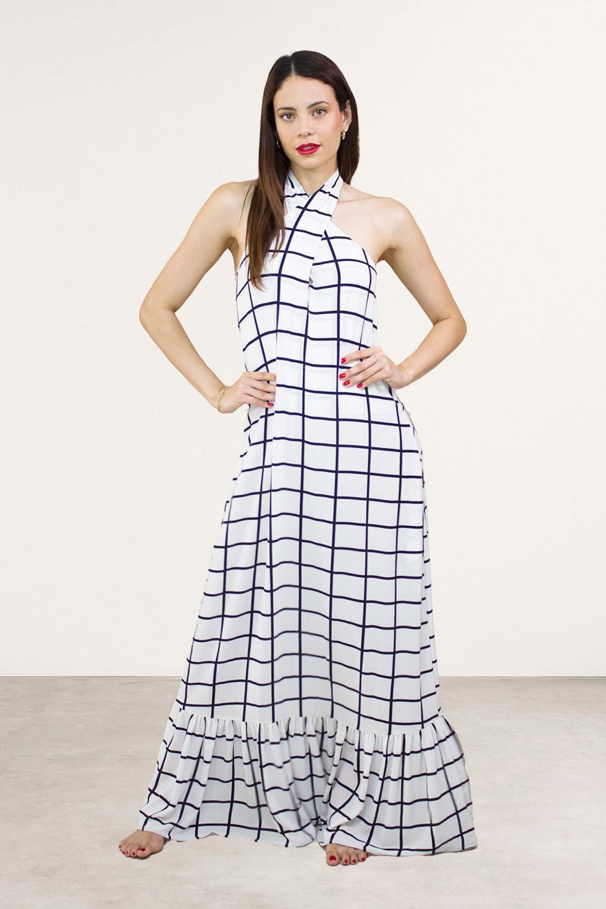 Vestido Blanco en Cuadros Azules Halter