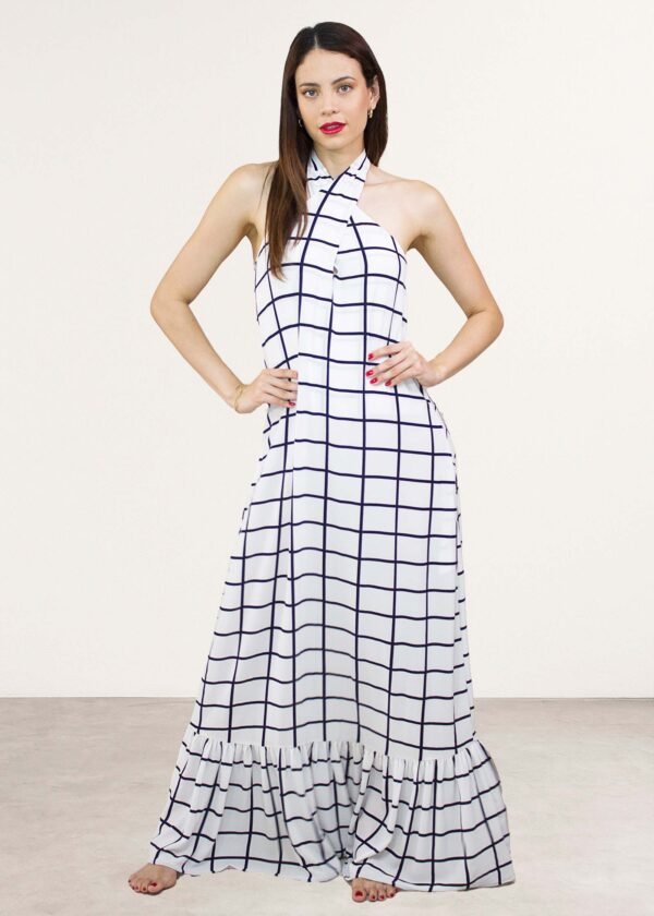Vestido Blanco en Cuadros Azules Halter