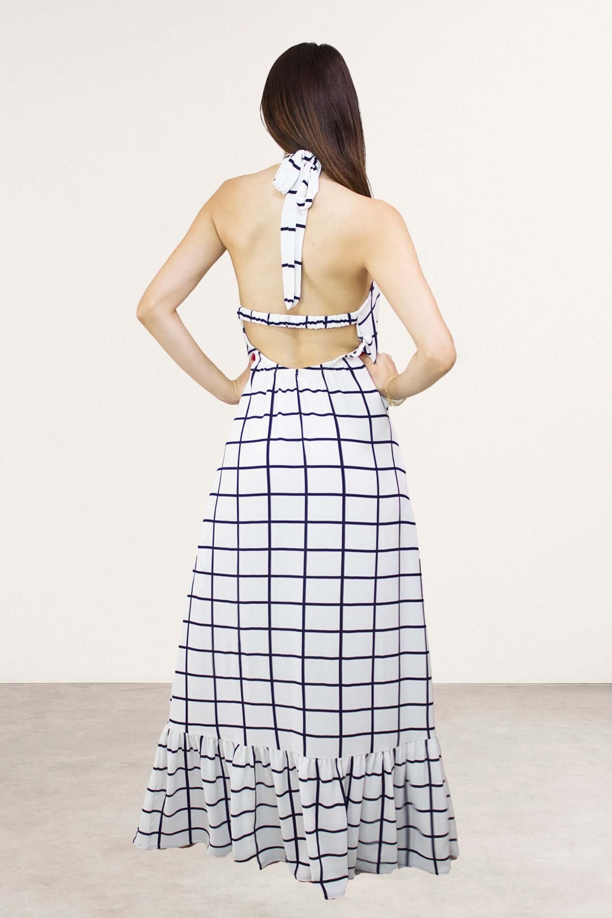 Vestido Blanco en Cuadros Azules Halter - Imagen 3