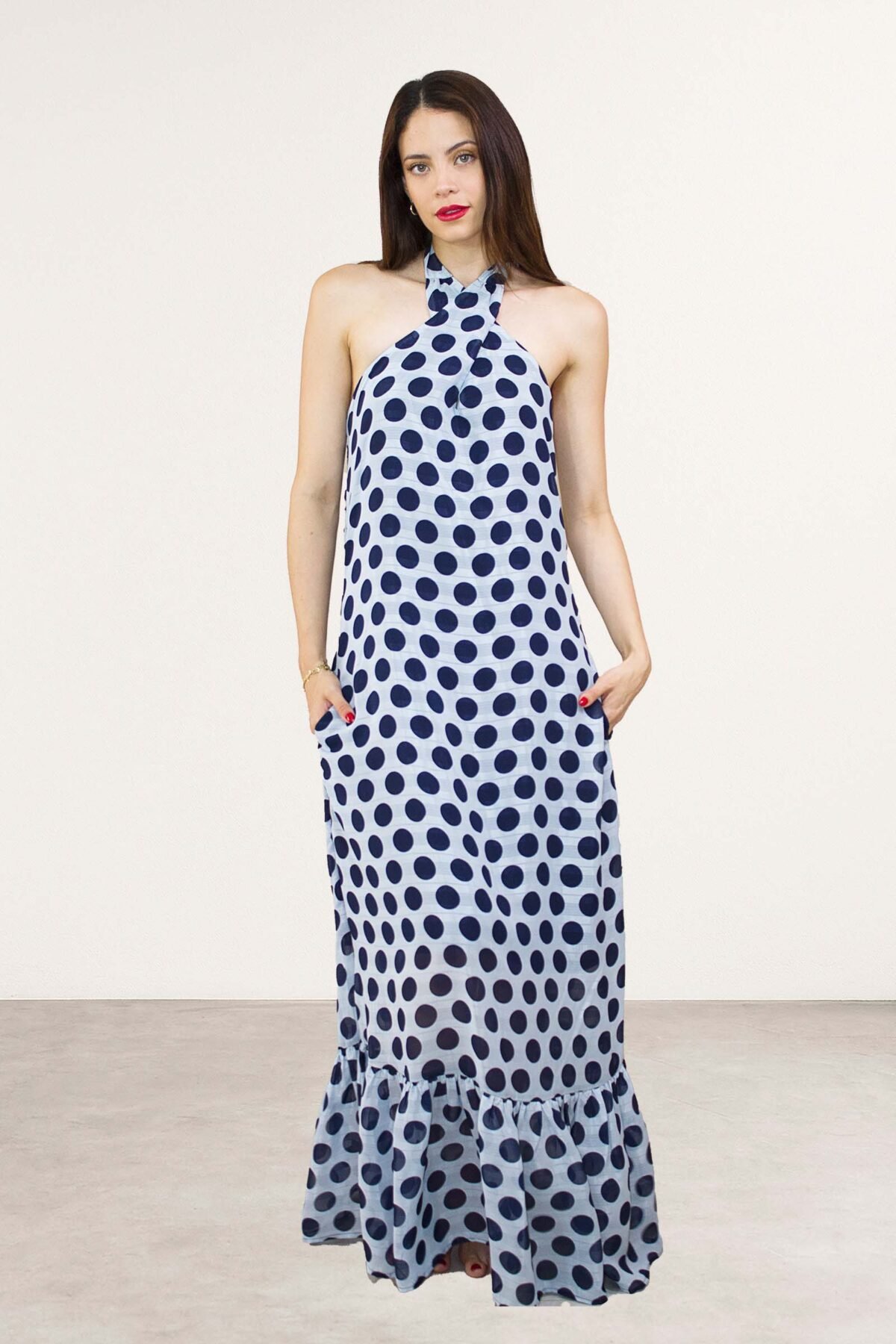 Vestido Polka Dots Azul Halter