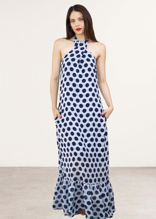 Vestido Polka Dots Azul Halter
